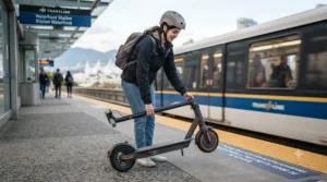 Lightweight single motor scooter being folded for subway travel.