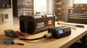 A person charging an electric scooter battery indoors at room temperature for winter performance.