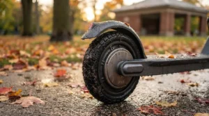 Close-up of heavy-duty tires and deck traction on a cheap long range electric scooter built for wet Canadian autumn roads.