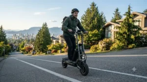 A water-resistant extended range electric scooter navigating damp pavement on a cool autumn day in Vancouver.