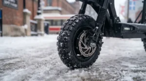 Close-up of deep-tread pneumatic tires providing grip on a slushy Canadian road.