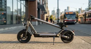 A side-profile shot of a lightweight, fast-charging electric scooter designed for urban Canadian transit, priced under $1000 CAD.