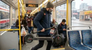 A commuter carrying a foldable, fast-charging electric scooter onto public transit, representing the best value under $1000 CAD in Canada.