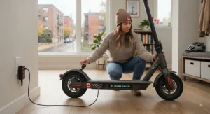 A person charging their electric scooter at home, illustrating the convenience of fast-charging features for Canadian owners of budget scooters under $1000 CAD.