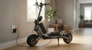 A dual battery scooter for extended range plugged into a wall outlet for a quick charge