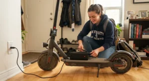 Plugging in a 30-60 km range electric scooter battery to charge at home after a long ride to class