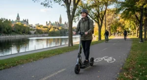 A commuter riding an efficient fast charging scooter along a bike path in Ottawa