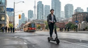 A commuter riding a medium-range electric scooter through downtown Toronto during morning rush hour, demonstrating daily urban transit performance.