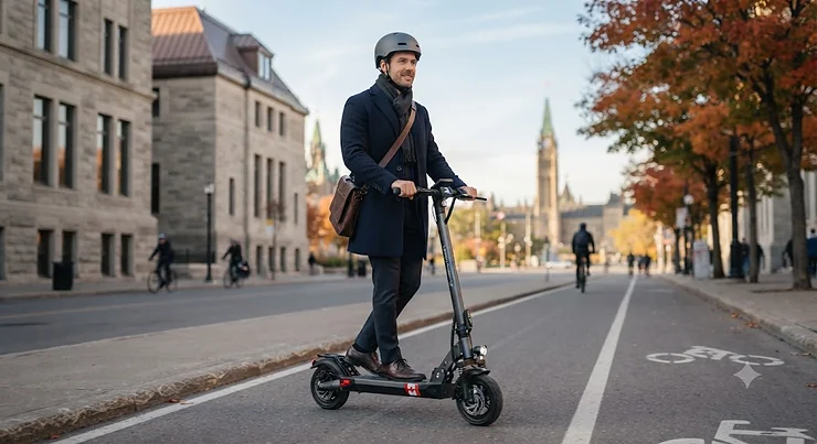 A professional commuting to work in downtown Ottawa using an electric scooter for medium commutes.