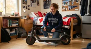 A student folding a long-range electric scooter for easy storage in a Canadian college dorm room