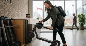 A portable fast charging scooter for daily use being folded for office storage in Canada