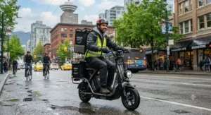 An urban food delivery rider carrying an insulated backpack while operating an extended range scooter in Vancouver.