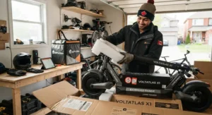 A Canadian food delivery rider unboxing a long-range electric scooter with high battery capacity.