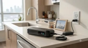 Close-up of a removable battery from an electric scooter for apartment charging on a kitchen counter in Toronto.