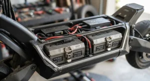Close-up view of the dual battery setup on a high-performance scooter for extended range