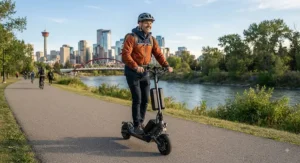 An outdoor enthusiast cruising on a dual battery scooter for extended range along a Calgary river pathway