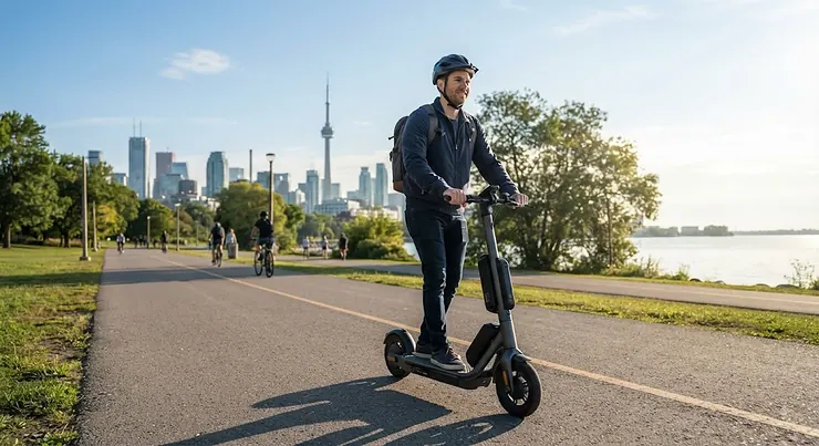 A commuter riding a dual battery scooter for extended range past the Toronto skyline on a sunny morning