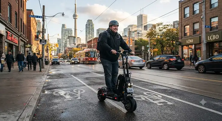 A heavy rider commuting through downtown Toronto on a high-capacity dual battery scooter designed for adults.