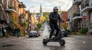 Demonstrating superior hill-climbing power on steep urban streets in Montreal with a dual battery scooter for heavy riders.