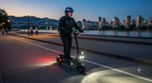 Bright LED headlights illuminating a bike lane at dusk for safe riding on a dual battery scooter for heavy riders.