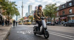 An eco-conscious Canadian professional using a fast charging scooter for their daily morning commute