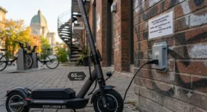 Close-up of an electric scooter charging its battery at an urban outlet in Montreal, highlighting charging times for medium and long-range models.