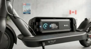 A studio shot showcasing an electric scooter's battery and charging indicator, emphasizing fast-charging tech in a budget-friendly model for Canadian riders.