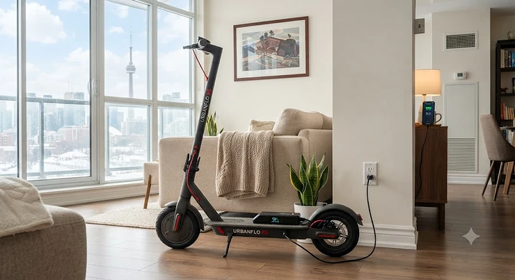 An electric scooter for apartment charging plugged into a wall outlet in a modern Canadian condo living room.