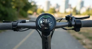 Detailed view of the digital dashboard on an electric scooter for medium commutes showing battery life and speed.