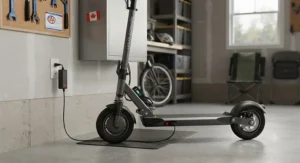 An electric scooter for medium commutes plugged into a standard wall outlet in a Canadian home garage.