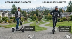 A split-screen graphic comparing motor wattage and hill-climbing power on steep inclines between medium-range and long-range electric scooters.