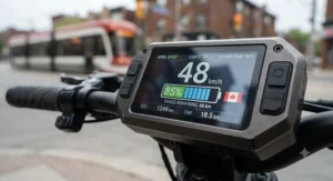 Close-up of an extended range scooter digital dashboard showing battery life and speed in kilometres.