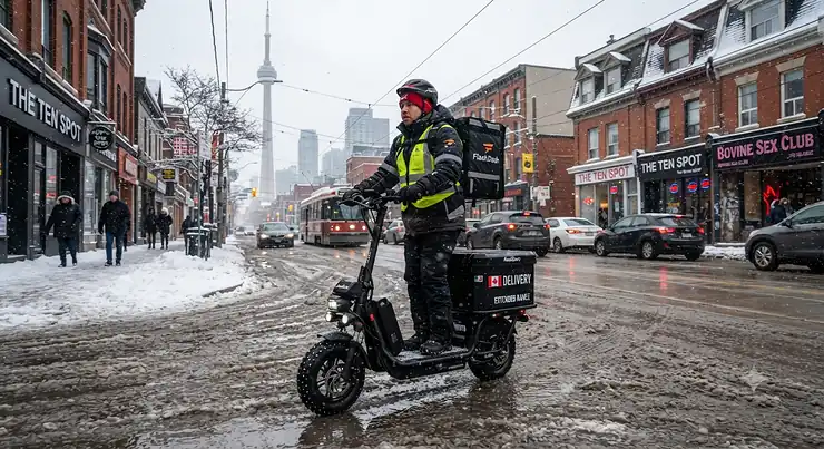 A delivery courier riding an extended range scooter down a snowy Toronto street during winter. extended range scooter for delivery riders