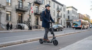 A professional riding a fast charging electric scooter for an efficient city commute in Canada