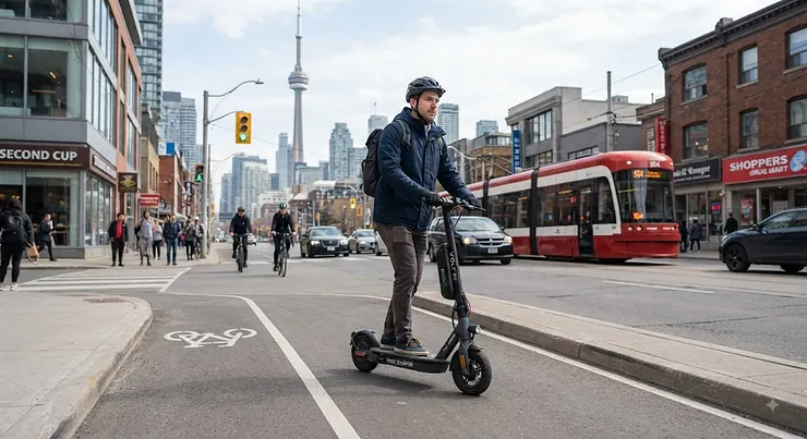 A commuter riding a fast charging electric scooter along a bike lane in downtown Toronto