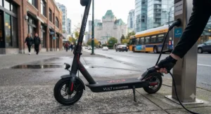 Close-up of a fast charging electric scooter being plugged into a charger in downtown Vancouver.
