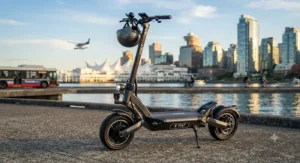 An electric scooter parked against a city skyline backdrop, highlighting features like fast charging for daily commuters looking for options under $1000 CAD.