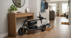 A compact folding dual battery scooter for extended range stored neatly inside an apartment hallway