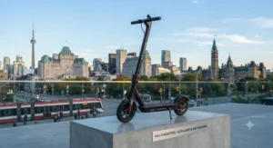 A sleek, lightweight affordable fast charging electric scooter showcased against an urban Canadian skyline.