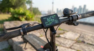 Infographic highlighting battery life and kilometer range specs for top medium-range electric scooters under $800 CAD.
