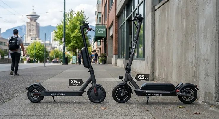 A side-by-side comparison of a medium-range and a long-range electric scooter parked on a Vancouver sidewalk, illustrating battery capacity differences for Canadian commuters. medium range vs long range electric scooter