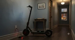 An electric scooter for apartment charging overnight next to a hallway wall outlet in a Montreal apartment.