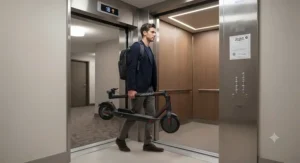 A commuter carrying a portable electric scooter for apartment charging into an elevator in a high-rise building.