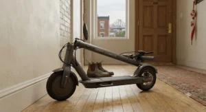 An electric scooter for medium commutes folded compactly for easy storage in a downtown Montreal apartment hallway.