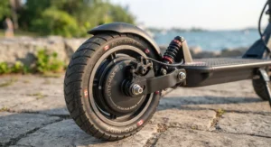An electric scooter effortlessly navigating a steep incline street, demonstrating the robust motor performance found in top models under $800 CAD.
