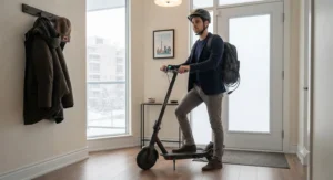 A commuter preparing to ride a fully powered electric scooter for apartment charging in an entryway.