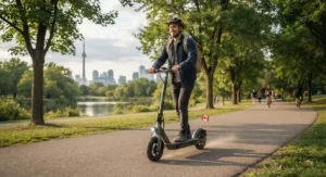 A commuter riding an affordable, fast-charging electric scooter on a paved bike path in a Canadian park.