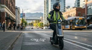 A rider wearing safety equipment while operating a fast charging scooter for daily city use
