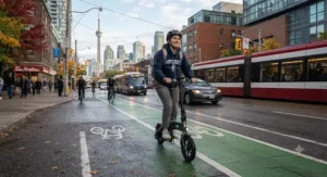A commuter using a 30-60 km range electric scooter in a Toronto bike lane during the morning rush
