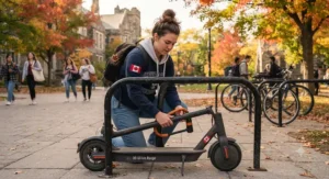 A student securely locking up a 30-60 km range electric scooter to a campus bike rack